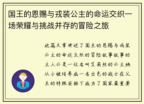 国王的恩赐与戎装公主的命运交织一场荣耀与挑战并存的冒险之旅